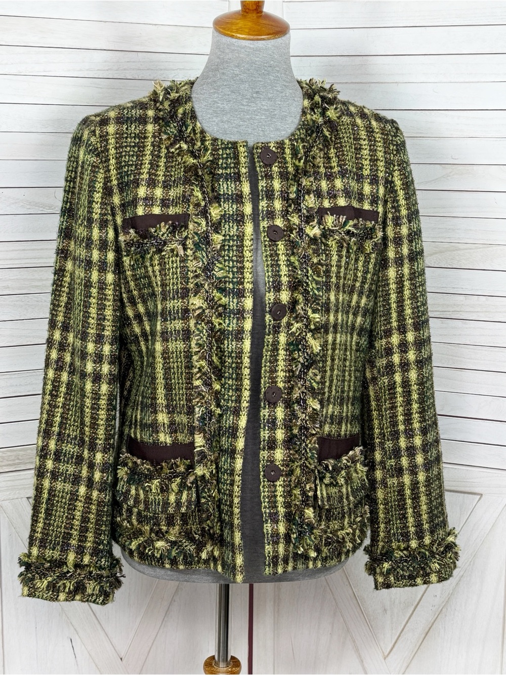 Chicos Tweed Plaid‎ Chain Trim Blazer Jacket Green Brown Medium 1 Preppy Fringe